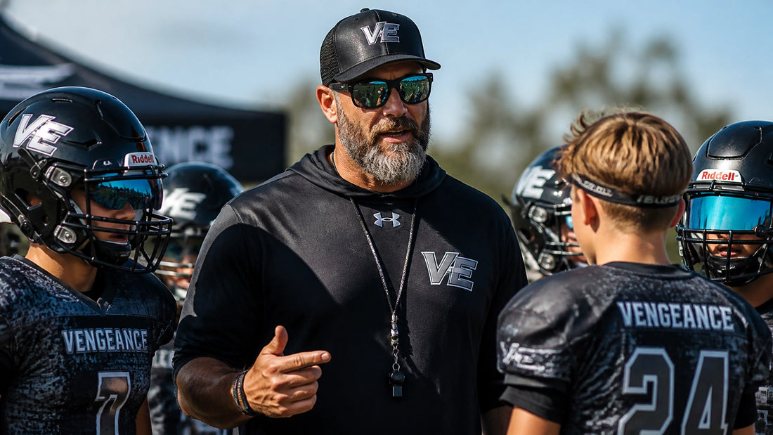 Youth football coach and players on practice field in custom jerseys and sunglasses