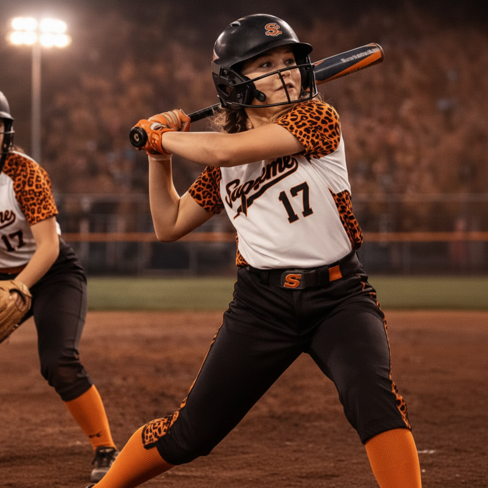 Baseball player in action on a field with teammates and stadium lights in the background