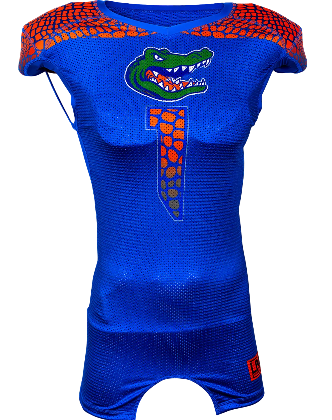 Blue sports outfit with a gator logo on a black background