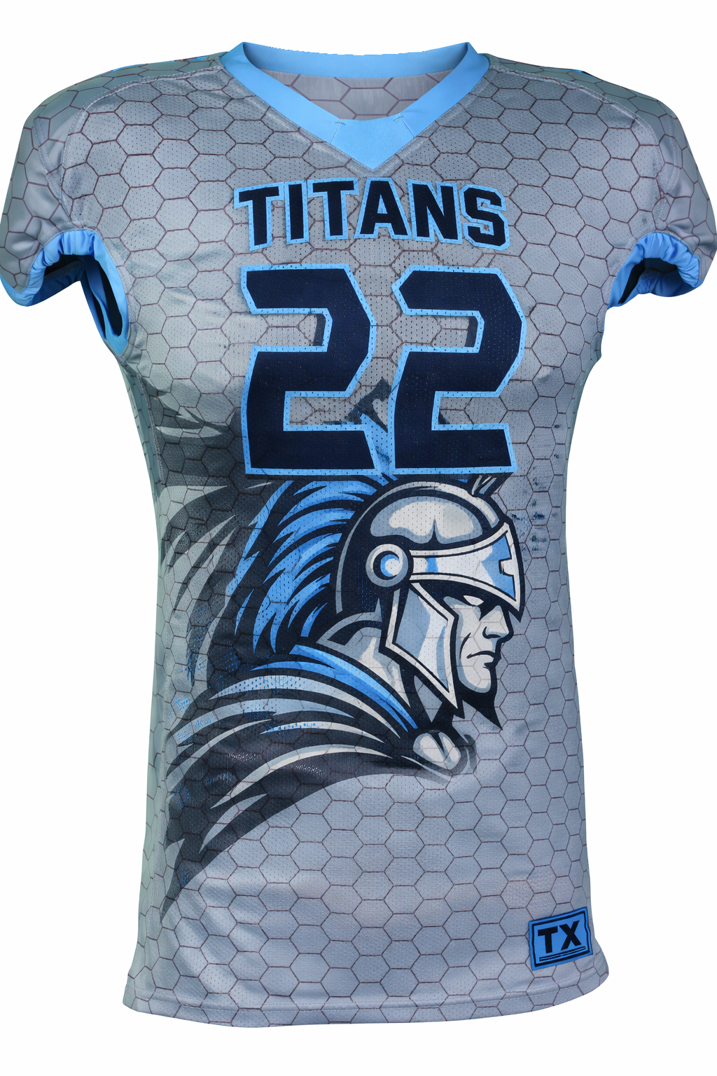 Gray sports jersey with blue accents featuring the word 'Titans' and number '22', along with a Spartan helmet design.