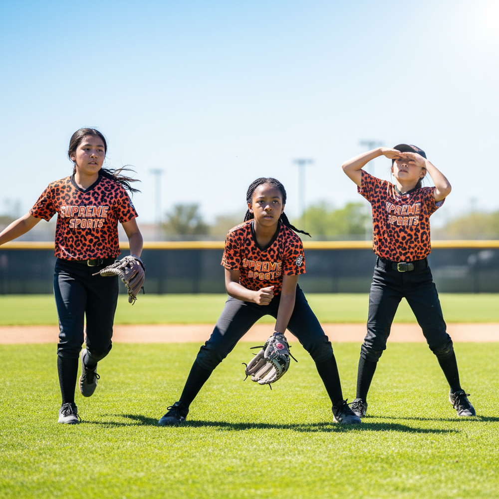 Three Diverse Softball Players in Outfield - Cheetah Jerseys